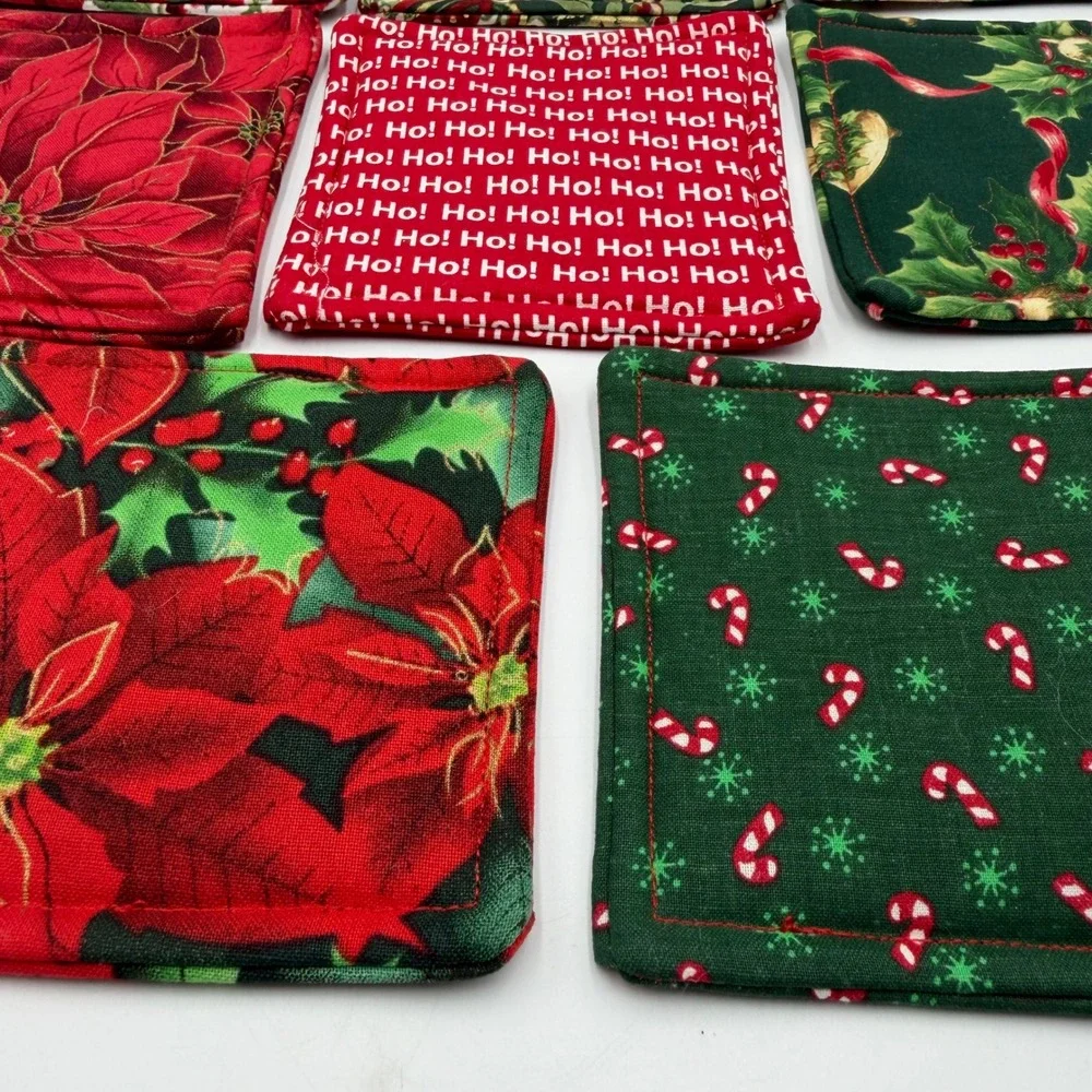Christmas Fabric Coasters Set of 8 Handmade Quilted Poinsettia Holiday Custom